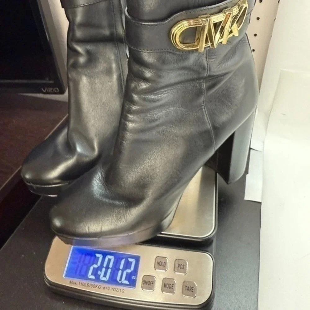 Michael Kors Black Leather Platform Ankle Boots Gold MK Logo Buckle Block Heel